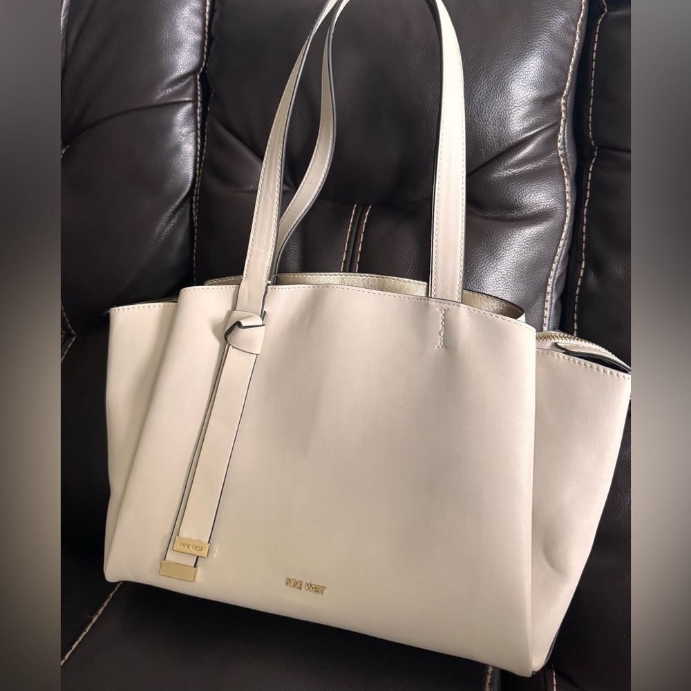 Nine West Vegan Leather Cream Tote Bag with gold accents